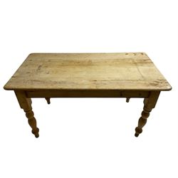 Traditional pitch pine farmhouse table, rectangular top raised on turned supports