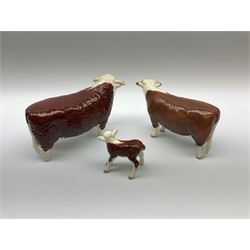 A Beswick Hereford family group, comprising bull 'Ch of Champion' model no 1363, cow 'Ch of Champion' model no 1360, and calf, model no 1406. 