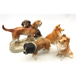 Royal Dux group of two hunting dogs, Beswick matt glazed St Bernard 'Corna Garth Stroller' and two Sylvac Seated Collies (4)   