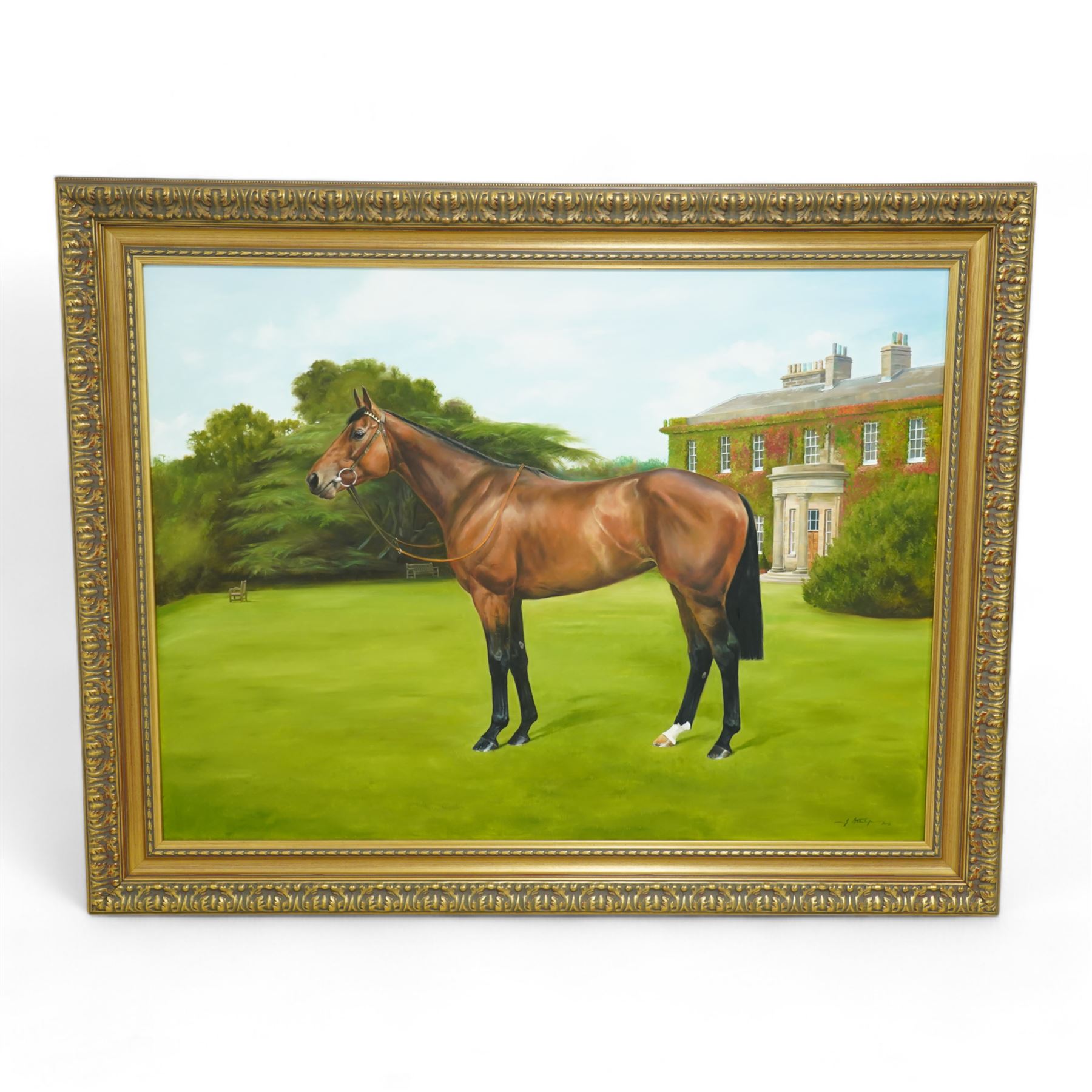 Jacqueline Stanhope (Scottish 1963-): 'La Cucaracha' a Bay Racehorse with Copgrove Hall Beyond, oil on canvas signed and dated 2005, 100cm x 136cm
Notes: La Cucaracha was owned by Guy Reed and bred at Copgrove Hall, she was a specialist sprinter trained at Lambourn by Barry Hills. La Cucaracha secured a Group One success in 2005 in the Nunthorpe Stakes at York.