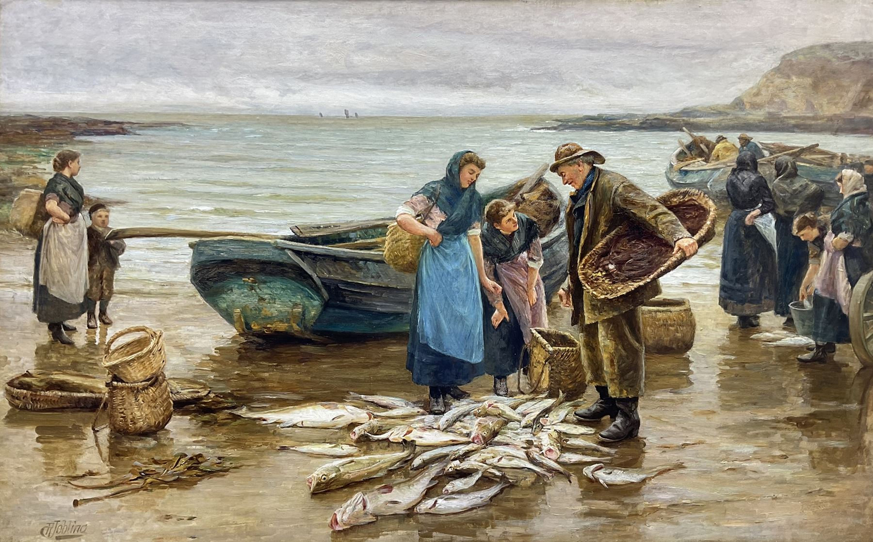 Robert Jobling (Staithes Group 1841-1923): 'A Good Catch' Cullercoats, oil on canvas signed 75cm x 121cm 
Provenance: private collection; with John Nicholson Fine Art, Newcastle, label verso