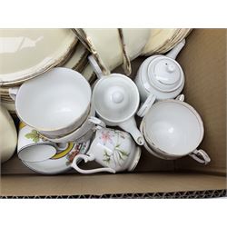 Royal Albert Masquerade pattern tea service for six, together with Royal Albert Dogwood pattern teacup and saucer and Alfred Meakin tea and dinner wares decorated with gilt on cream ground to include lidded tureens and oval serving plates etc in two boxes