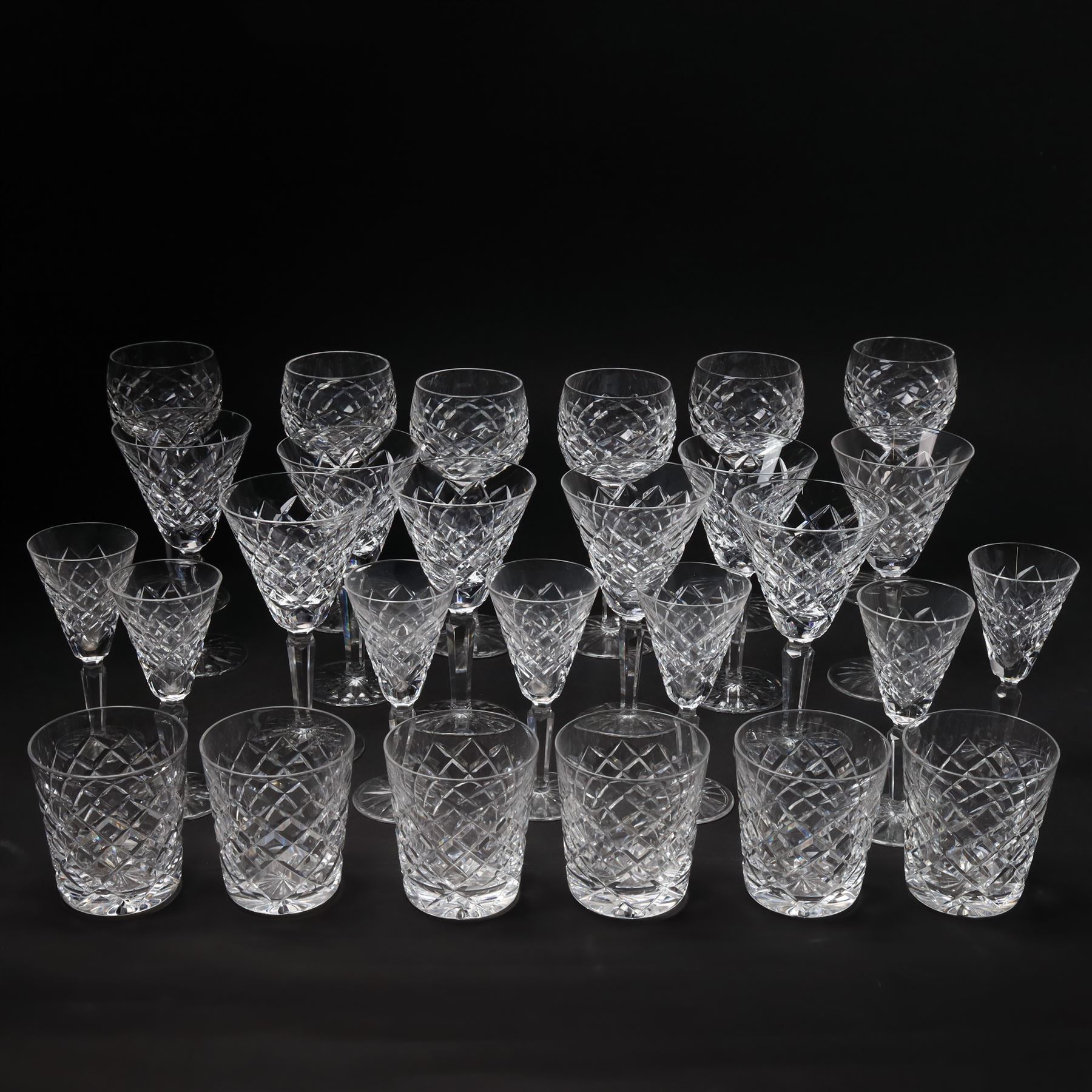 Set of Waterford Tyrone pattern table glass comprising six Hock glasses, six claret glasses, six tumblers and seven sherry glasses