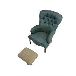 Victorian style bedroom chair in buttoned upholstry and a rectangular upholstered footstool
