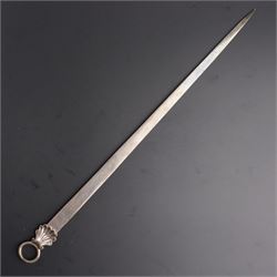 George III silver meat skewer with shell moulded ring L40cm London 1779 Maker Allen Dominy 