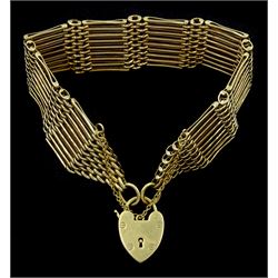 9ct gold nine bar gate bracelet, with heart locket clasp, hallmarked