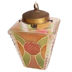 Art Deco glass lantern, with four panels of coloured glass in shades of green and red, with brass fitting, H30cm 