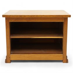 Beaverman - oak media stand, rectangular top over panelled hinged front fitted with Yorkshire rose carved handles, on moulded skirt base, carved with beaver signature, by Colin Almack, Sutton-under-Whitestone Cliffe, Thirsk