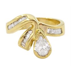 18ct gold diamond pear and baguette cut diamond ring, stamped 750, principle pear cut diamond of approx 0.75 carat, total diamond weight approx 1.25 carat