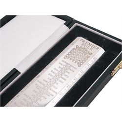 Modern silver 'Premier Rule' ruler, by Richard Jarvis of Pall Mall, engraved with the names and dates of British Prime Ministers from 1721 to 1997,  hallmarked Richard Jarvis, London 2003, L33.5cm, within silk and velvet lined fitted case
