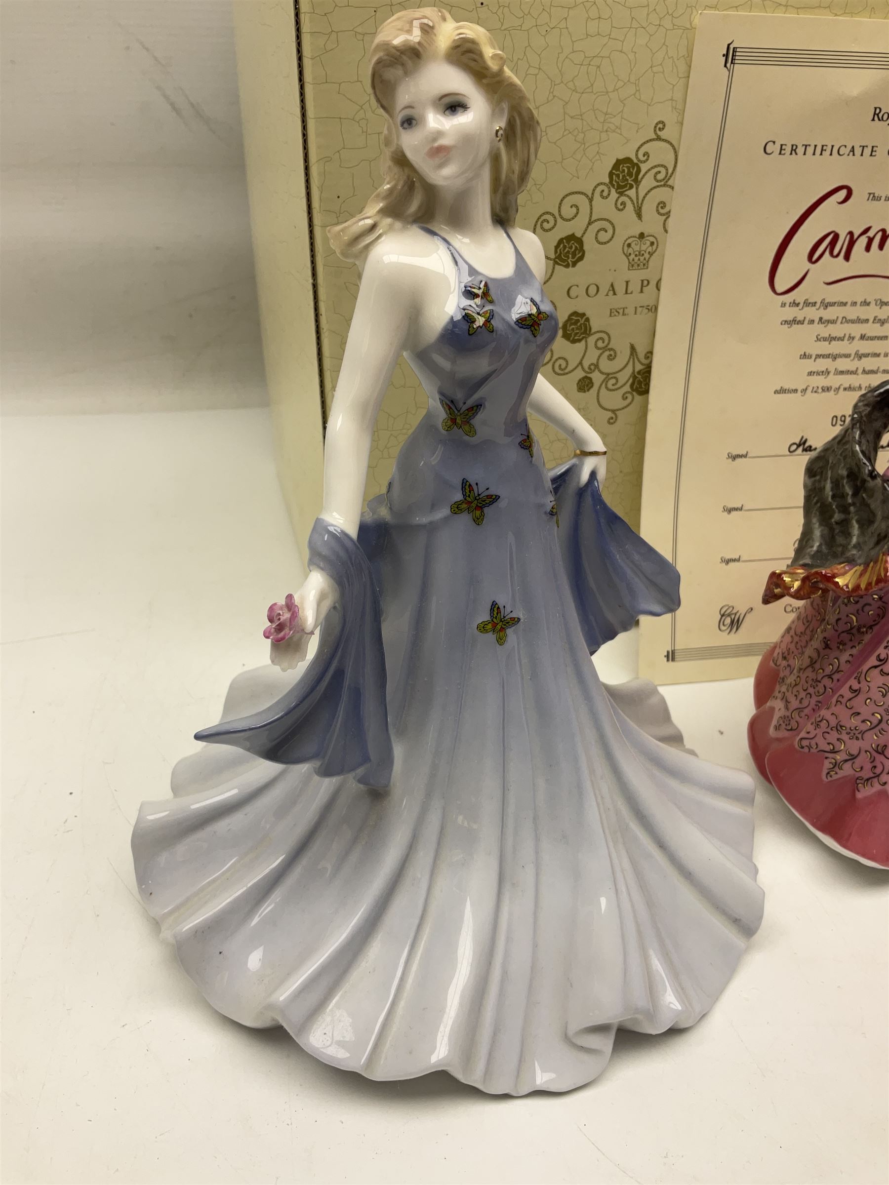 Two Coalport Ladies of Fashion figures, Shirley and Lorraine, both with original box, together with Royal Doulton figure, Carman from Opera Heroins Collection, with certificate of authenticity 