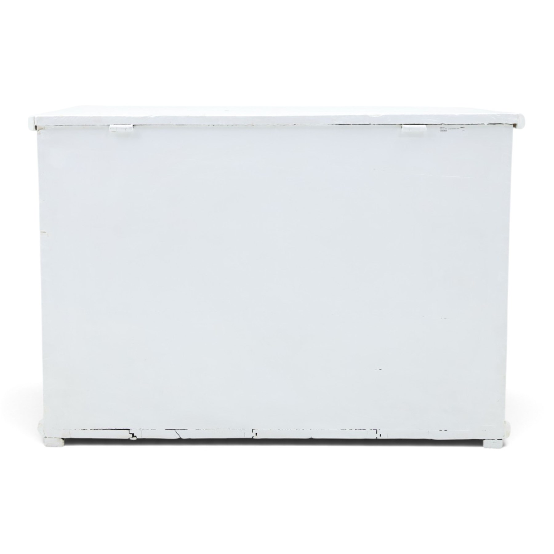 Victorian white painted pine blanket chest, with iron strap hinges, with fitted candle box, metal carrying handles