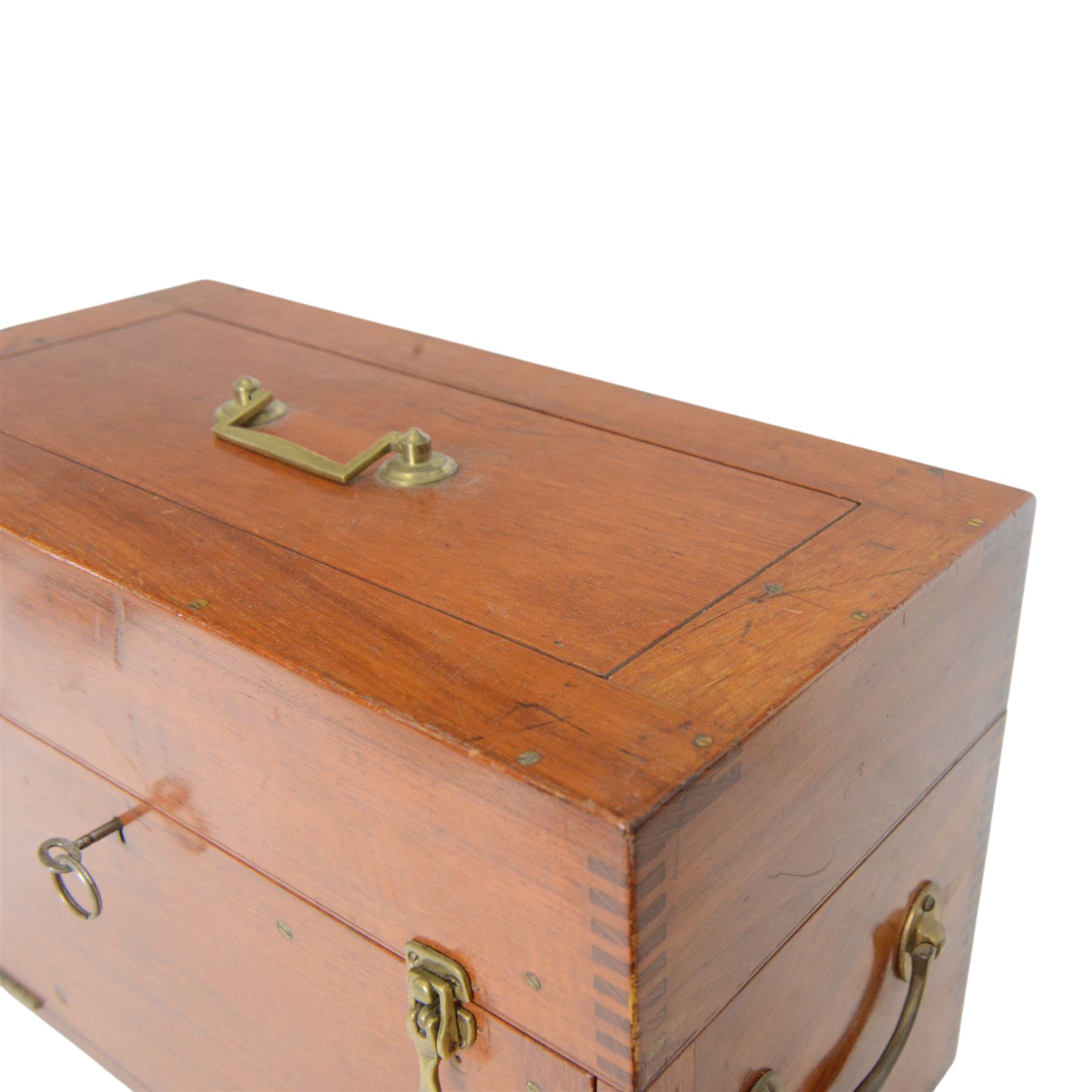 Two writing slopes, including brass bound mahogany example, together with a wooden box with brass handles to sides and cover, tallest H28cm