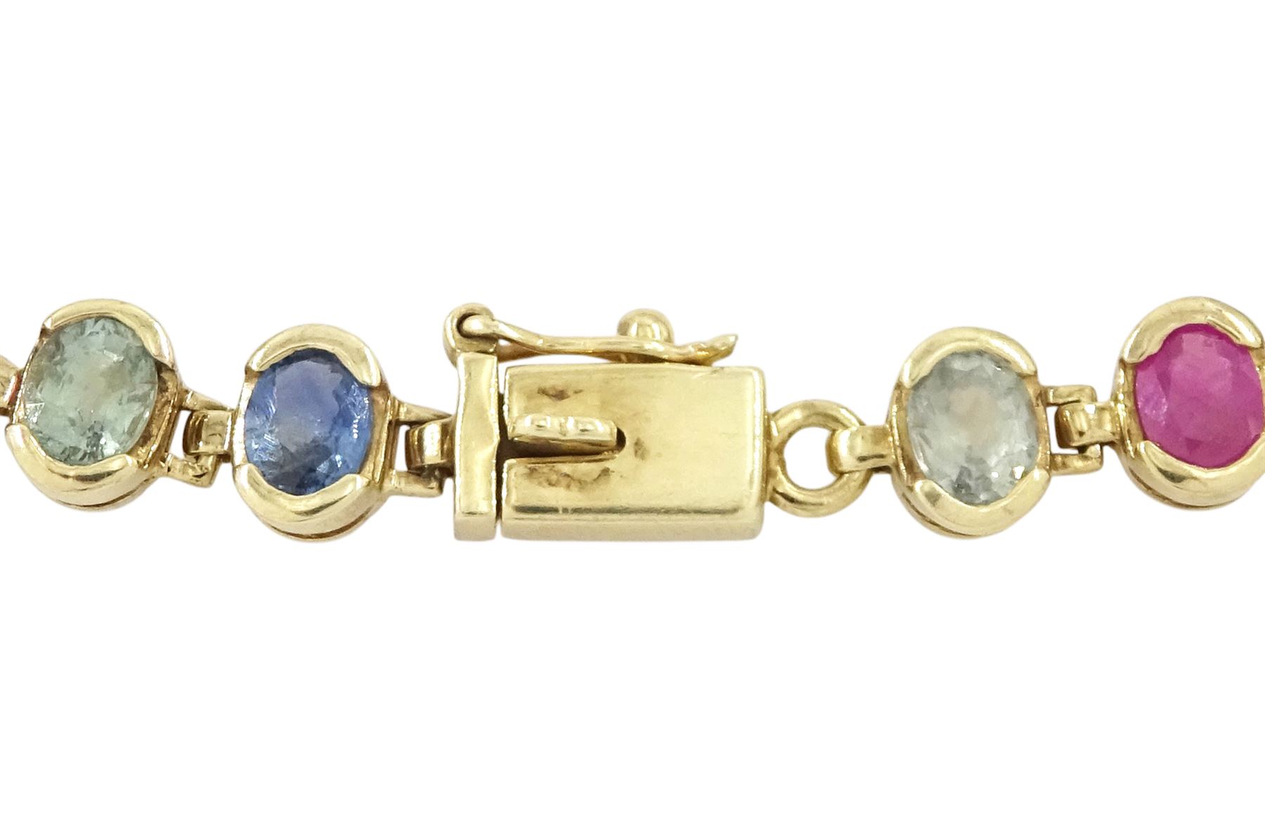 9ct gold sapphire, emerald and ruby bracelet, twenty-seven oval links set with alternative vari-colour sapphires, rubies and emeralds