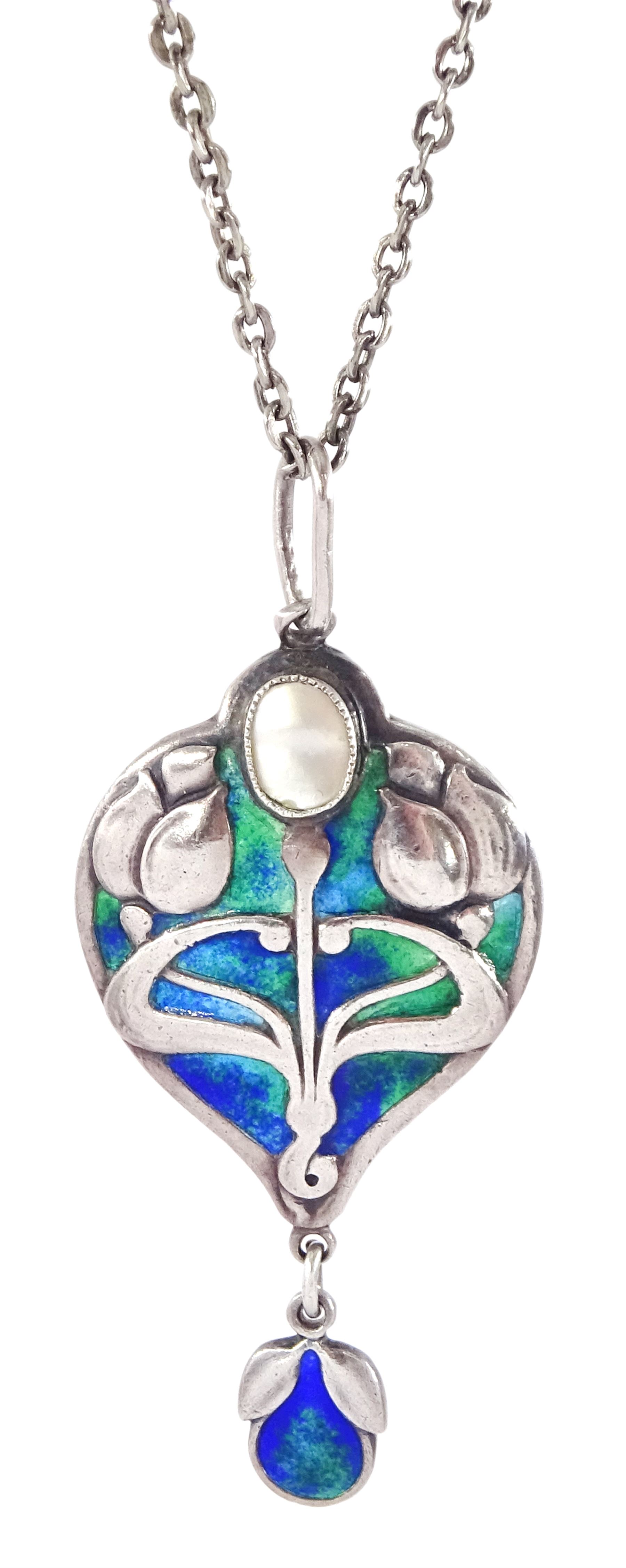 Murrle Bennett silver Art Nouveau blue / green enamel and blister pearl pendant, stamped 950, on chain necklace