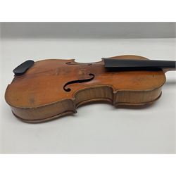 German violin c1900 for re-assembly with 36cm two-piece maple back and ribs and spruce top; L59cm; in ebonised wooden 'coffin' case with two bows