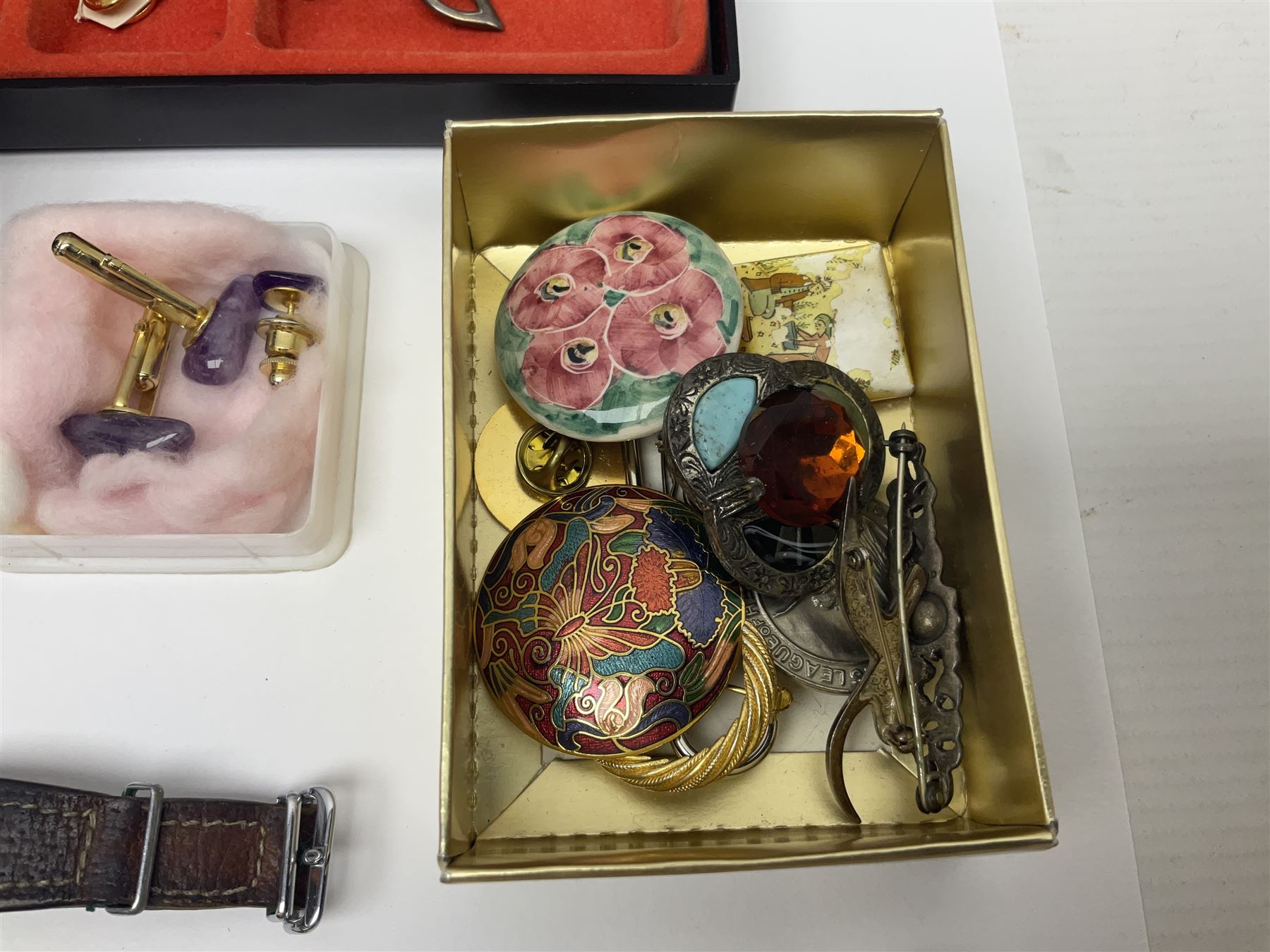 Scottish silver Ola Gorie arctic tern brooch and a matching pair of earrings, 9ct gold stud earrings, collection of costume jewellery, three wristwatches including Ingersoll and Rotary, a Freeman's Alright pocket watch and a continental silver fob watch stamped 935