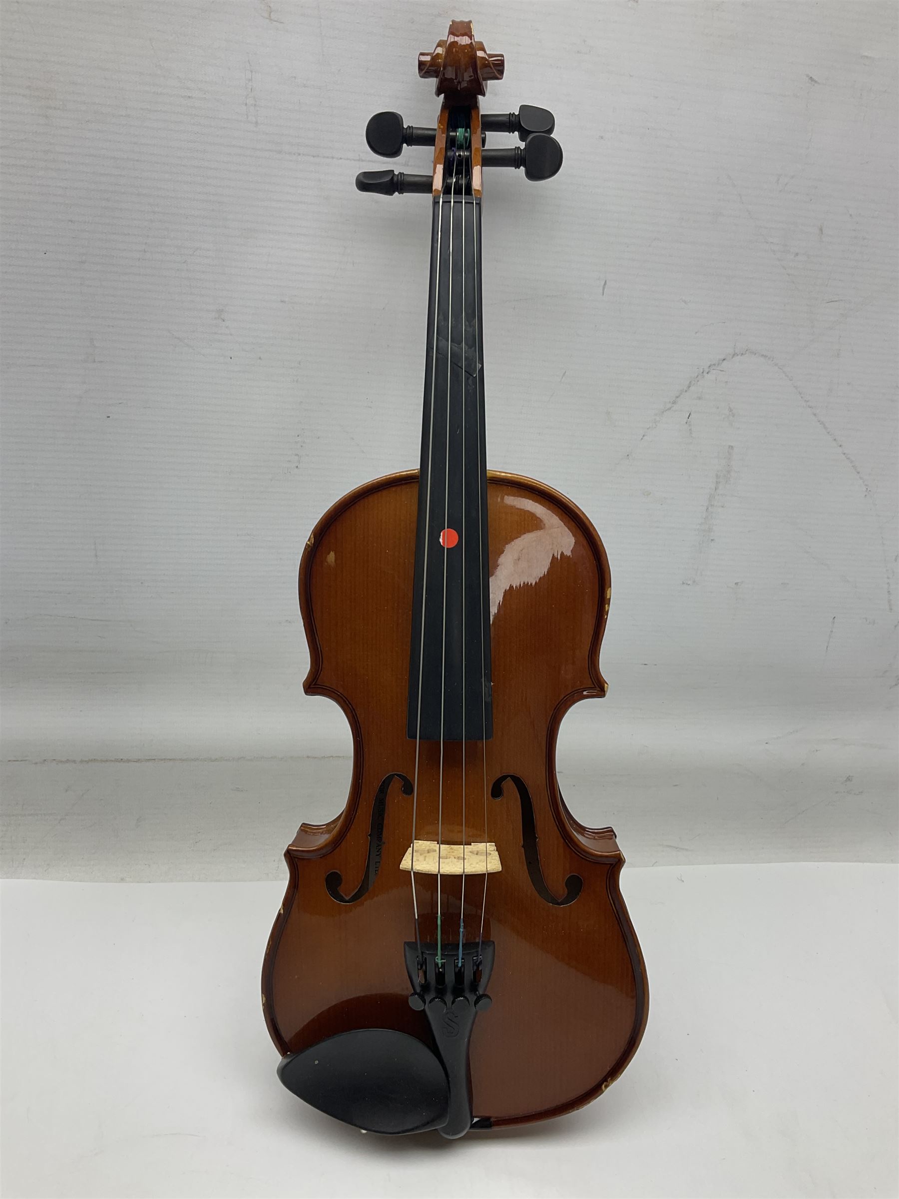 Three Stentor Student violins - three-quarter size with 33cm two-piece back; and two quarter size each with 28cm two-piece back; each in carrying case with bow (3)