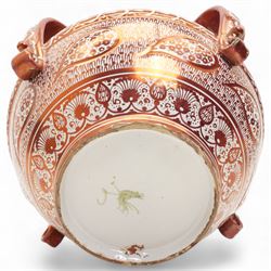 Hispano-Moresque copper four-handled lustre vase, decorated with repeating leaf and foliate patterns, H30cm 