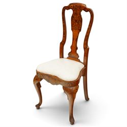 Set of eight (6+2) Dutch design walnut and floral marquetry dining chairs, the high backs with shaped cresting rail over a vasiform splat inlaid with Neoclassical urns and bouquets of foliage and bellflowers, ivory upholstered drop-in seat over scallop shell inlaid apron and cabriole supports with pad feet