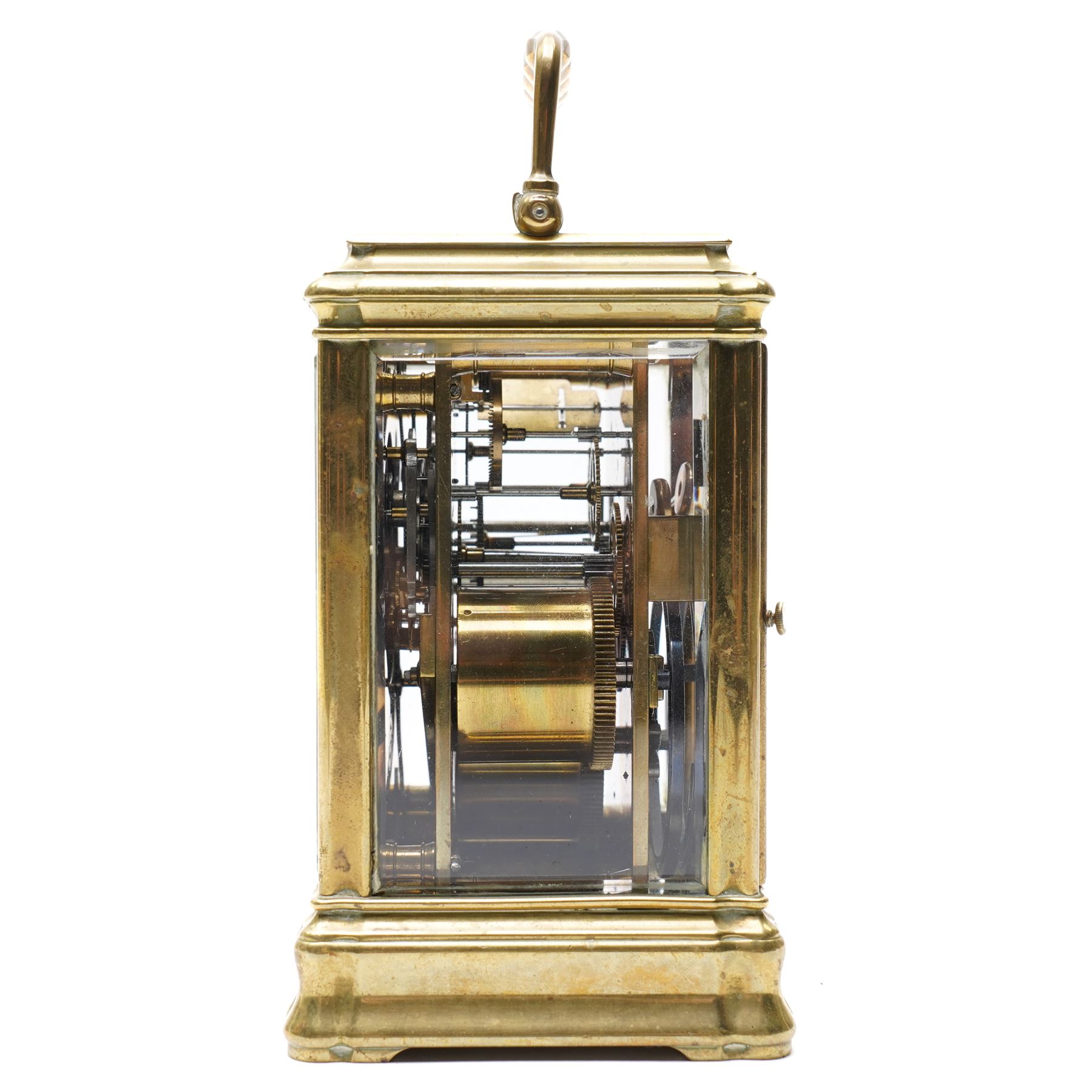 French-19th century 8-day quarter striking carriage clock with strike repeat in a Gorge case, white enamel dial with Roman numerals and steel spade hands, twin barrel movement striking the quarters and hours with two hammers on two coiled gongs to the backplate, silvered platform lever escapement with a jewelled balance and timing screws, with a full, strike, silent, and quarter selection lever to the base. 
Serial number 18874.
