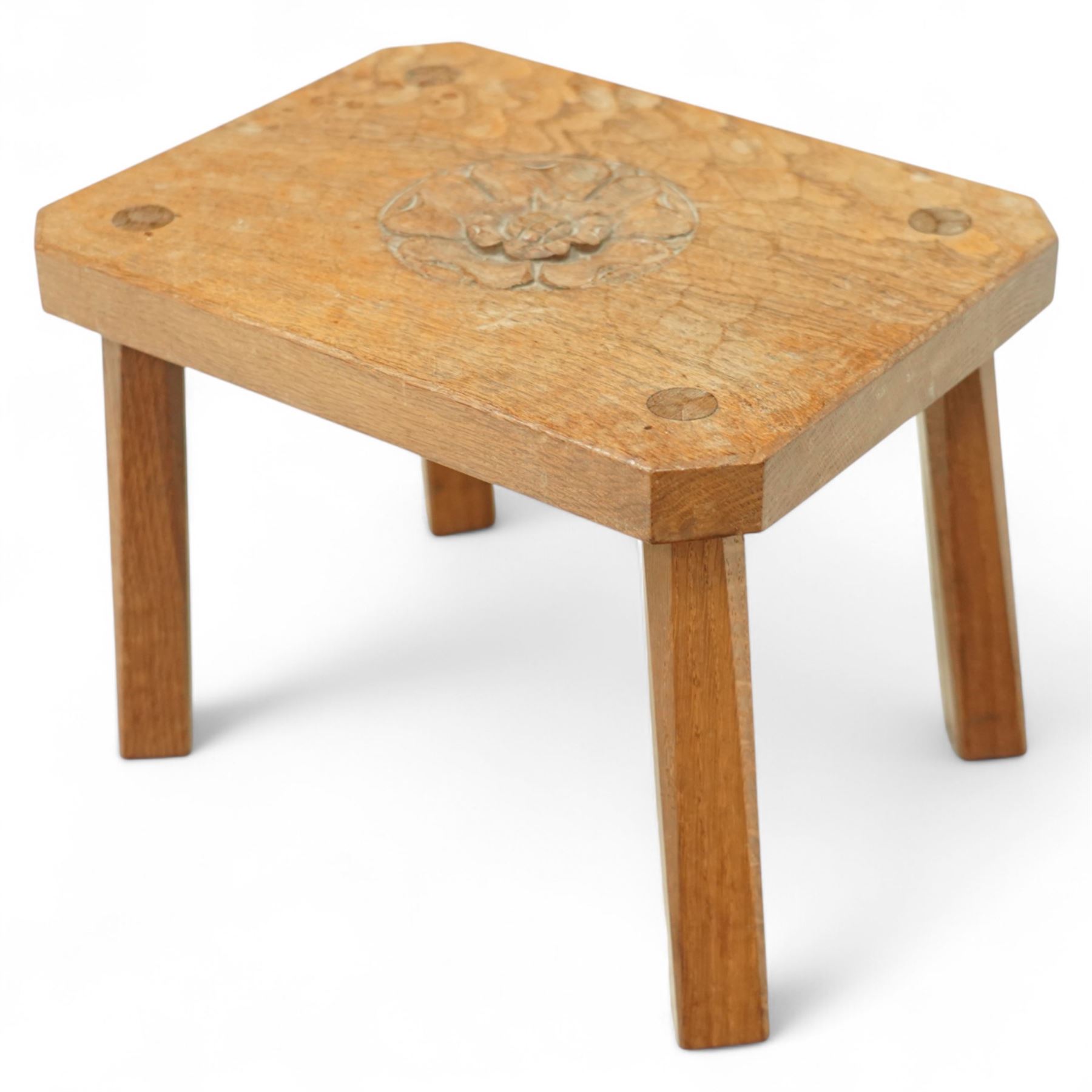 Judith Pearson - contemporary Yorkshire oak stool, rectangular chamfered top with adzed surface, centered by a carved Tudor rose, raised on square chamfered out swept legs 