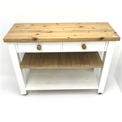  Painted pine kitchen buffet table, two drawers, square supports joined by two tiers, W110cm, h85cm, D40cm  