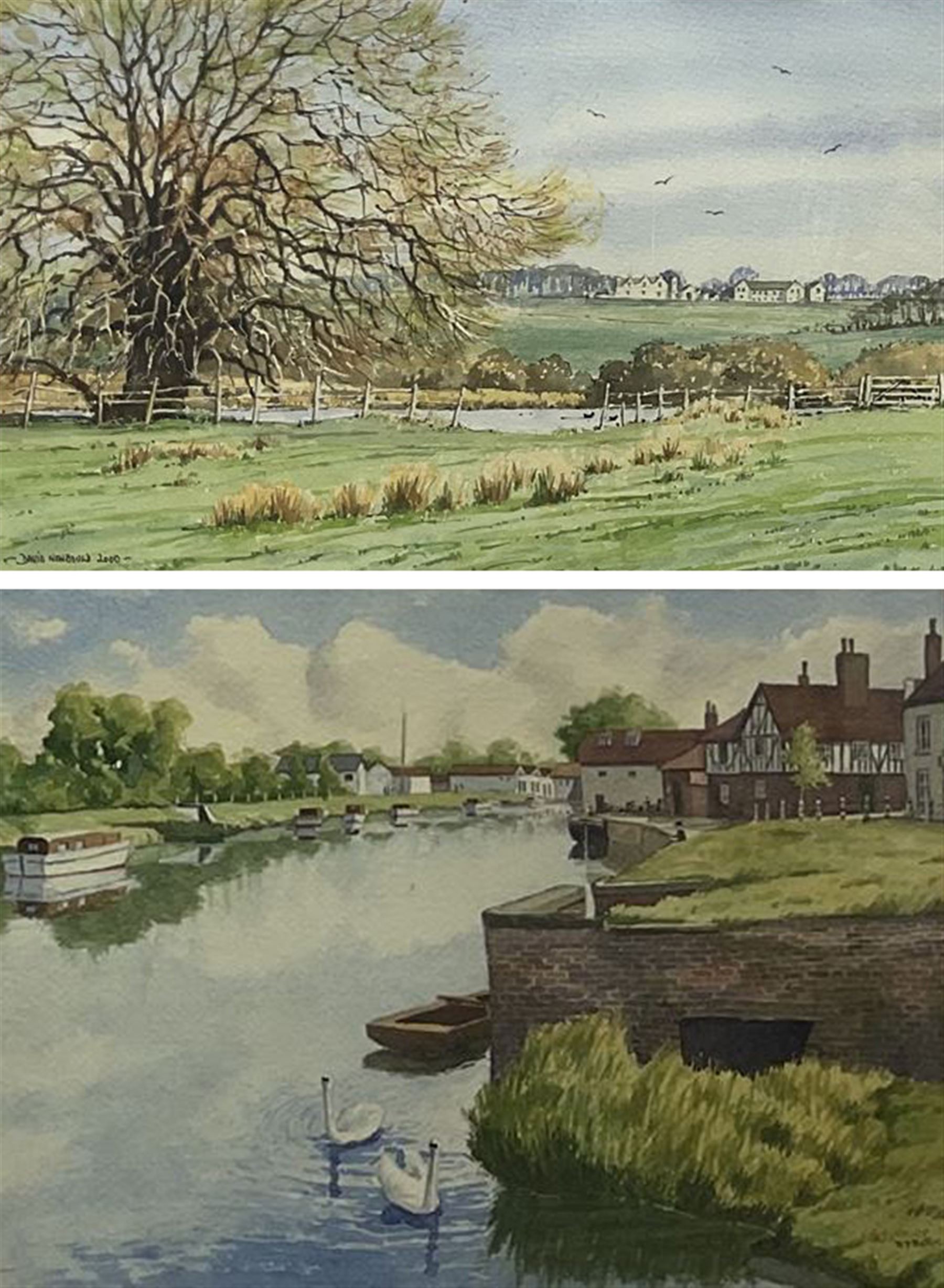 David Newbould (British 1938-2018): 'Ledston Hall from Newton Ings' Castleford, watercolour signed and dated 2000, titled verso 26cm x 43cm; R Battye (British 20th century): Swans on the Canal, watercolour signed watercolour signed 25cm x 35cm (2)