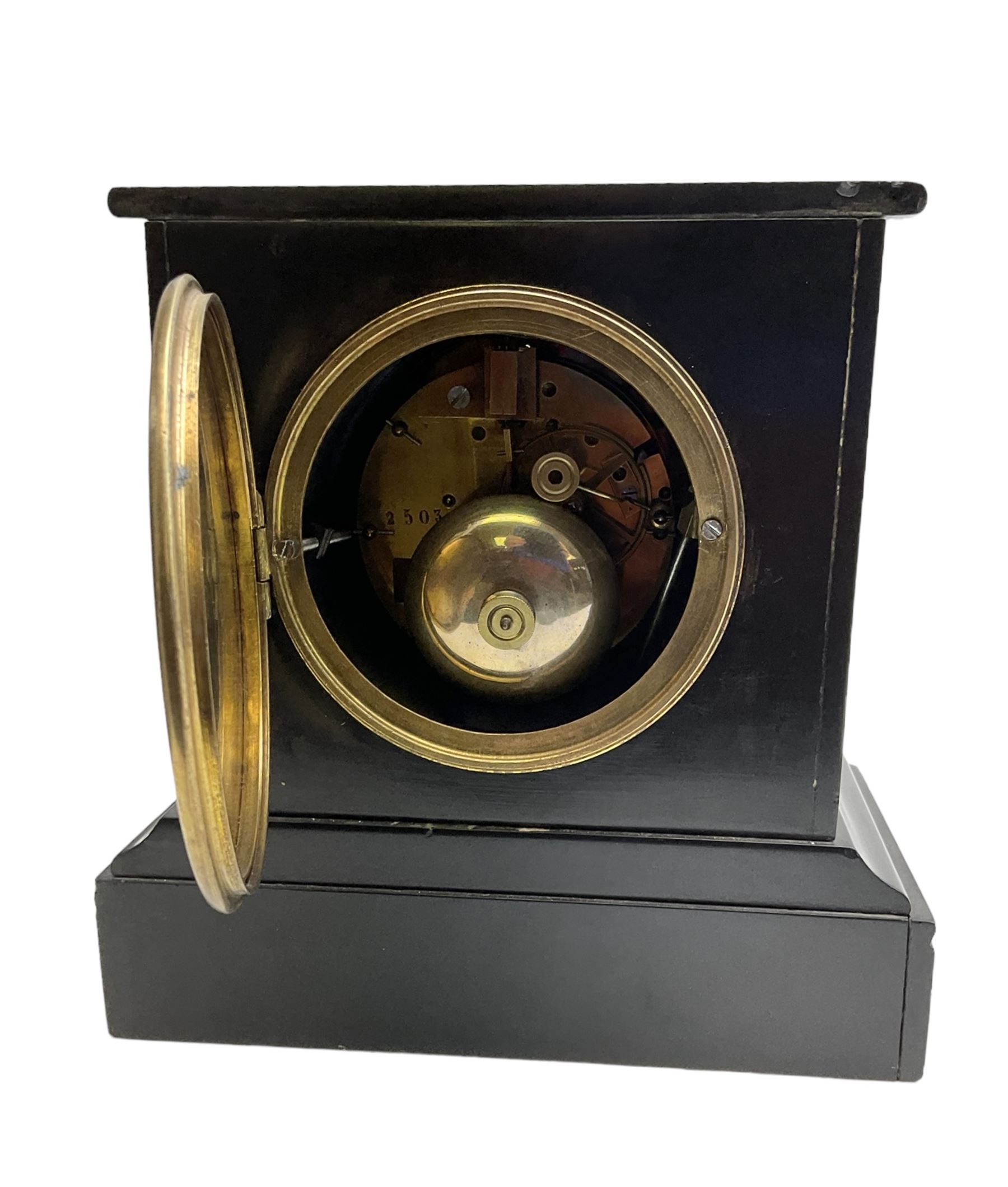 French - mid 19th century 8-day Belgium slate mantle clock in a break-front case with a flat top and varigated green marble inserts to the front, white enamel dial with Roman numerals and moon hands within a decorative glazed bezel, countwheel striking movement striking the hours and half hours on a bell. With pendulum. 