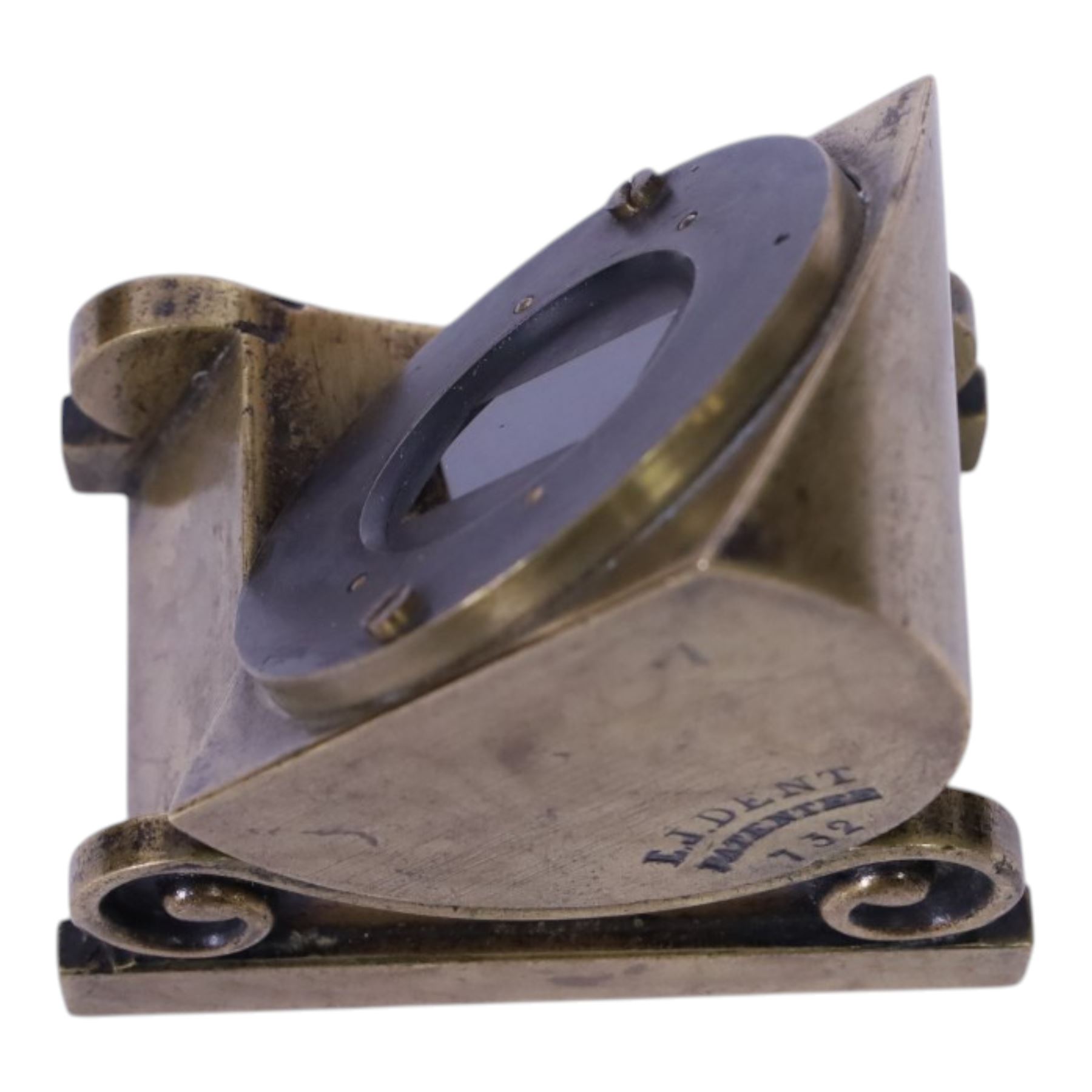 Mid 19th century brass dipleidoscope by E.J.Dent, the screw cap inscribed 'Dent's Patent Meridian Instrument 61 Strand & 34 & 35 Royal Exchange London', with 'East' engraved to on side and 'E.J.Dent Patentee 732' to the other, H8cm