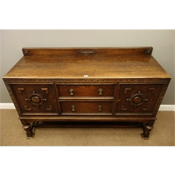  Early 20th century oak sideboard, fitted with two drawers and two cupboards with carved detail, W170cm, D56cm, H105cm  