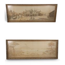 Pair of  machine woven tapestries, of Venezia and Napoli, framed H55cm, L149cm   
