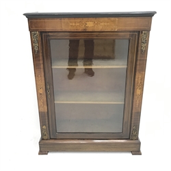 Victorian inlaid walnut pier display cabinet, single glazed door enclosing two lined shelves,  W79cm, H102cm, D31cm