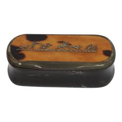 19th century pressed horn snuff box, of oblong form, the hinged tortoiseshell veneered cover with inlaid white metal stag hunting scene, L7cm, together with a 19th century rose wood example, probably french, with silver plated mounts, the inset hinged cover inlaid with a scene depicting a horse drawn cart before a mill, L7.5cm
