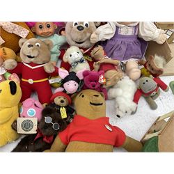 Quantity of stuffed toys and dolls to include Teddy Ruxpin, Cabbage Patch, Troll doll, and a quantity of plastic toys including Sylvanian Families Country School etc, in two boxes