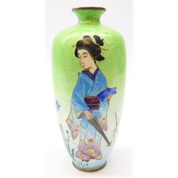  Japanese Ginbari enamel vase decorated with a female figure holding a parasol, impressed mark to base, H18cm  