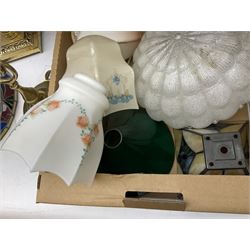 Brassed lamp modelled as a male with basket and fruit after Rancoulet, Tiffany style table lamp, brass table lamp, glass shades etc