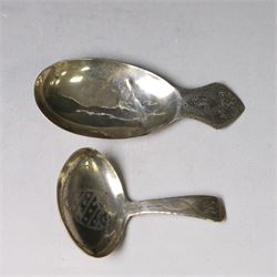 Two George III silver caddy spoons, the first example with oval bowl and flat handle with ...