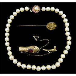 Victorian gold cabochon snake brooch, gold diamond mourning pin the reverse inscribed 'In memory of Mary Rogerson..31st March 1877' and a single strand cultured pearl necklace, with 9ct gold ruby and pearl clasp hallmarked