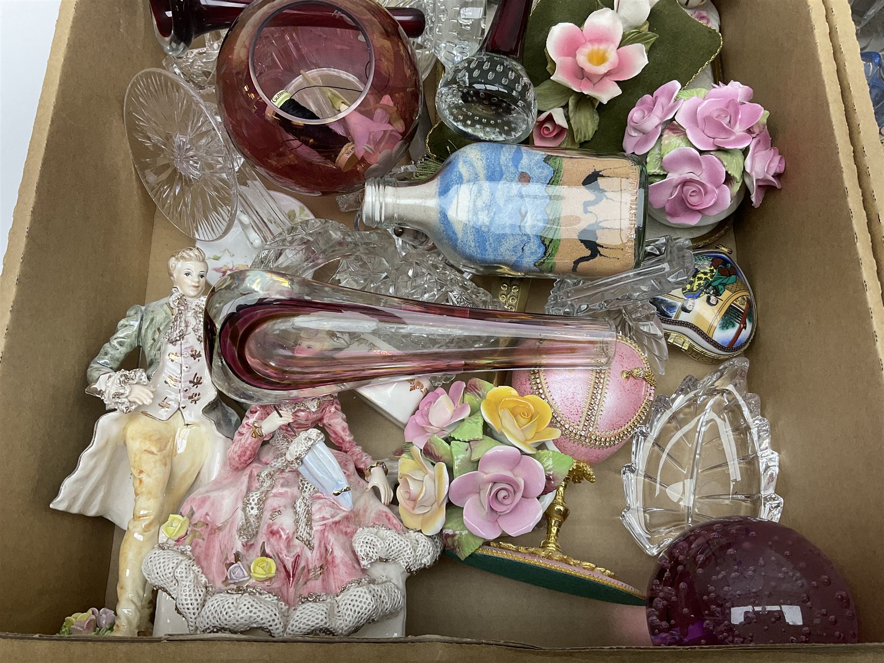 Royal Doulton Greenbrier pattern tea wares, together with a collection of porcelain flowers, Murano style coloured glass bowls, other ceramics and glassware, in four boxes 
