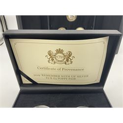 King Charles III 2023 'Coronation Silver Proof Mint Masters Set' comprising Bailiwick of Jersey, Bailiwick of Guernsey and Isle of Man sterling silver proof five pound coins, cased with certificate and Queen Elizabeth II 2019 Bailiwick of Jersey 'Remember With Us' silver two pound and five pound pair, cased with CPM certificate