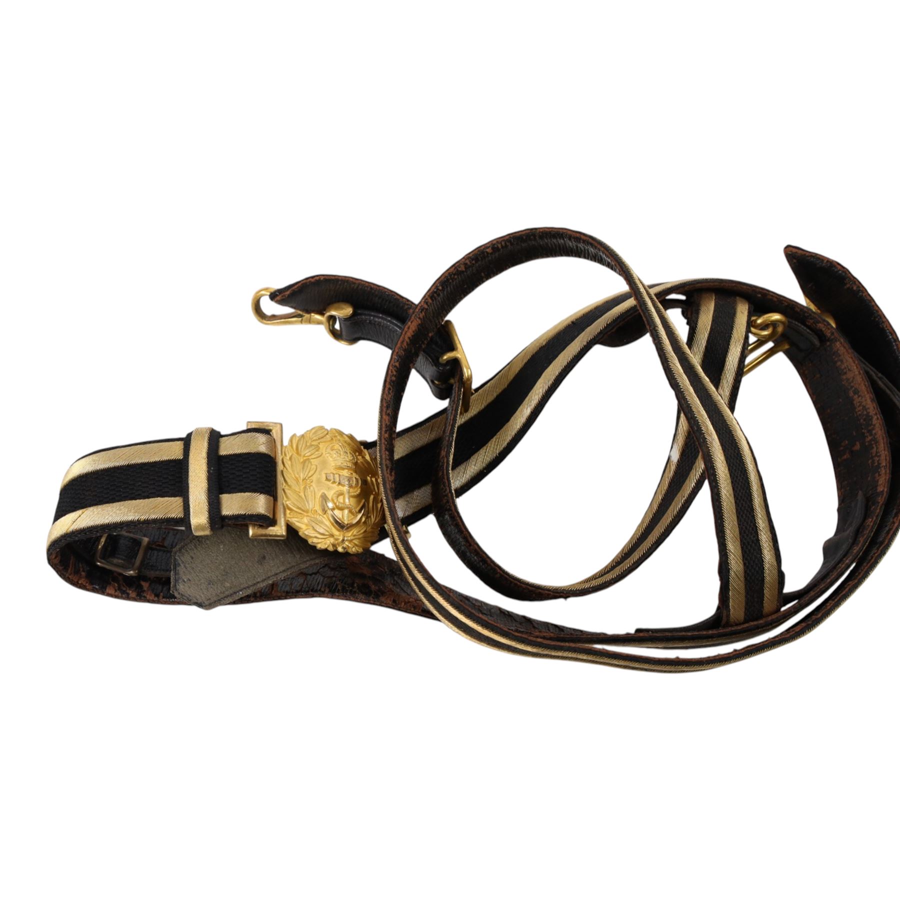 Early 20th century Royal Navy officers full dress bicorn hat, belt and epaulettes, the bicorn in black with gilt wire side and RN button, bullion work to each end marked to the interior with Gieves makers mark, all housed in fitted case