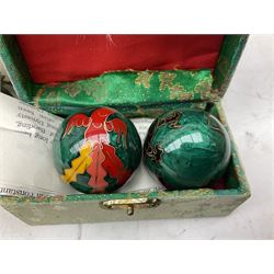 Pair of Chinese 'Health' balls in fitted case, pair of elephant bookends, oriental fans, cloisonne, and Chinese and oriental style ceramics to include blue and white