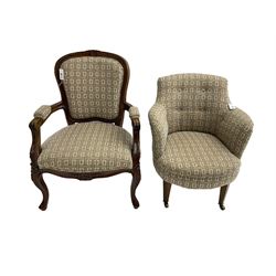 Edwardian tub chair upholstered in buttoned lozenge patterned fabric with sprung seat, on brass castors (W65cm H80cm); and Victorian design armchair, upholstered in matching fabric, on cabriole supports (W67cm H96cm)