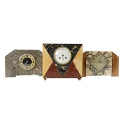 Three art-deco marble mantle clocks.
