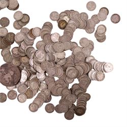 Approximately 418 grams of Great British pre-1920 and approximately 300 grams of Great British pre-1947 silver threepence coins, together with a Queen Victoria 1890 silver one crown coin and a Queen Elizabeth II 1965 'Churchill' one crown coin