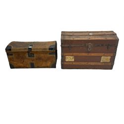 Victorian dome top travelling trunk, leather bound with stud-work and iron fittings, 'Francis Thomas Sadler' label inside; together with another similar and vintage kit bag