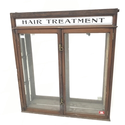 Edwardian mirror back barbers shop cabinet, enamel sign, two doors, W89cm, H97cm, D16cm