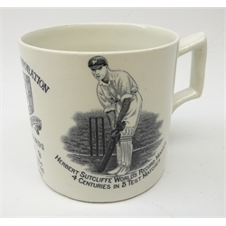  Cricket - Pudsey Corporation commemorative transfer printed mug for 'Herbert Sutcliffe World Record Maker, 4 Centuries in 5 Test Matches' by W. Ellis Moorcroft of Bramley, H10cm  