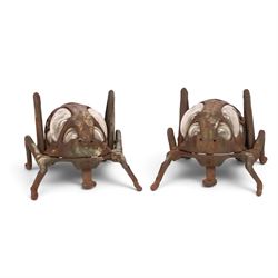 Pair of Japanese cast iron lanterns formed of crickets, H13cm